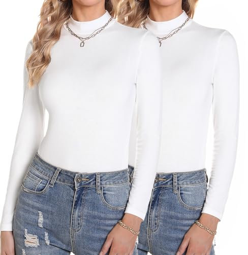 Aottori White Long Sleeve Top Womens 2 Pack Thermal Base Layer Underwear Ladies Polo Neck Jumpers Lightweight Slim Fit Pullover T Shirts White + White L