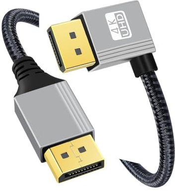 CY Câble DisplayPort DP vers DP coudé à gauche Câble 4K 60 Hz Manchon argenté Ultra-HD UHD 90 degrés pour moniteur d'ordinateur portable de bureau Carte graphique (100 cm)