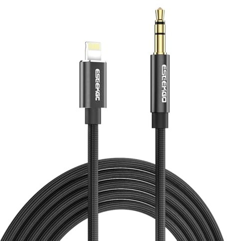 ESeekGo 1.2M Aux cable 3.5mm Male Stereo Jack To Lightning Audio Cotton Mesh Braided Cable - Auxiliary for Cars, Soundbox, Amplifier, Headphones compatible with iPhones, iPad, Laptops (Black)