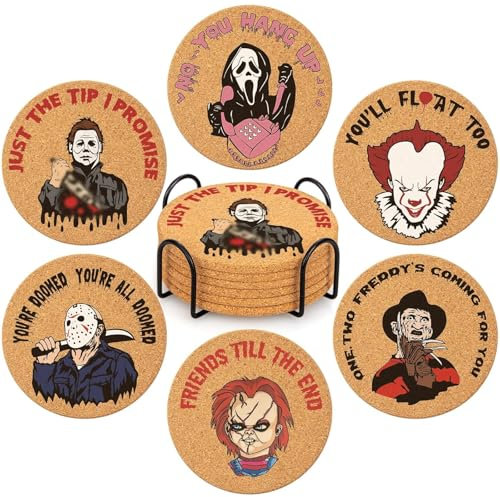 Marchandise de Films d’Horreur sous-Verres d’Halloween Set de 6 sous-Verres Horror Movie avec Support - Dessous Verre Liège pour Décoration Film d’Horreur Cadeaux Films d’Horreur