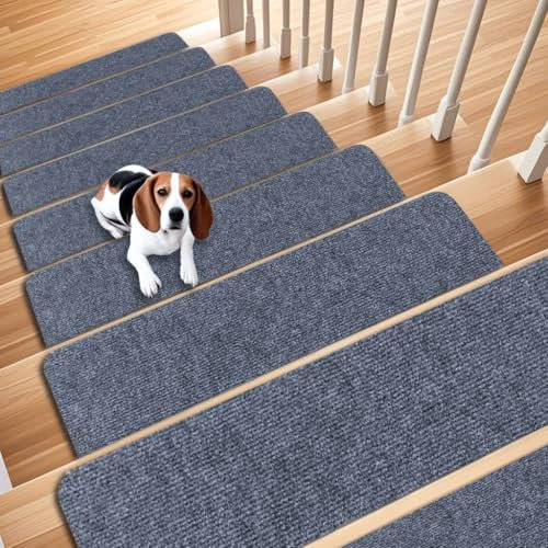 Aucuda 15 Stück Stufenmatten Innen Rutschfest, 76x20 cm Treppenstufen Matten für Holzstufen, Selbstklebend Antirutschmatte für Treppenschutz, Antirutsch Treppenteppich für Kinder, Ältere, Hunde, Grau.