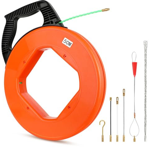 50M Fish Tape in Reel 4mm Width Wire Cable Puller Through Wall Cable Running Puller Rods Electrical Wire Threader Puller with Metal Lock Wire for Wall