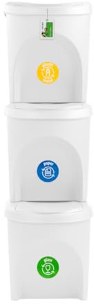 Mülleimer SET Mülltrennsystem 3x25L – Abfalleimer Set mit Deckel und farbigen Aufklebern Recycling Behälter für Küche Büro und Haushalt, Eschenweiß