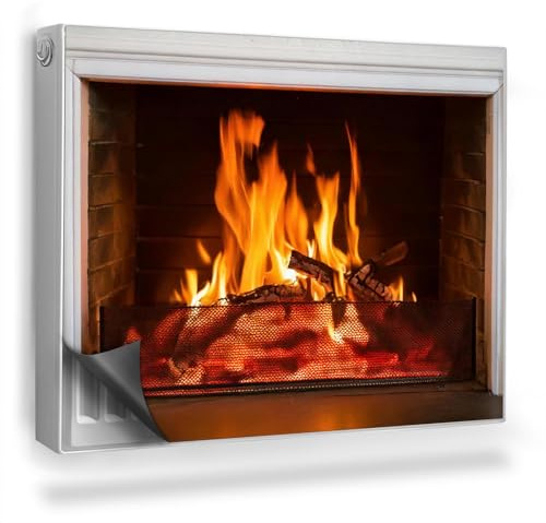 Heizkörperabdeckung 80x60 cm für Heizkörper Heizung Schutz Magnetisch Magnetbefestigung Magnetmatte Hitzebeständing Einfache Installation - Foto eines Feuers in einem heimischen Kamin