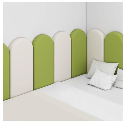 Wzmazingly Schälen Und Kleben Kopfteil, 3D Kinder Anti-Kollisions Wandkissen, Queen Size Bett Leder Wandpaneele Gepolstert Dekorativ, DIY Selbstklebend(White+Grass Green,90x50cm)