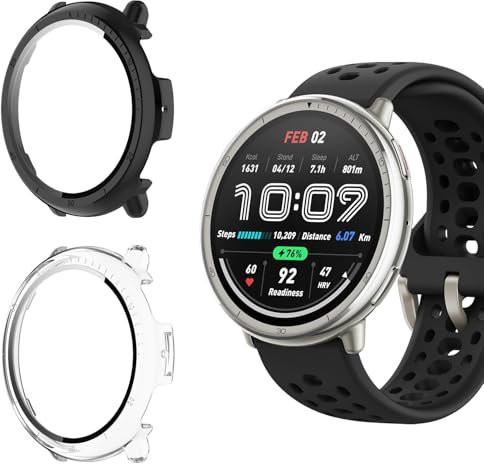 Holilo 2 Stück Hülle Mit Gehärtetes Glas Displayschutz für Amazfit active 2 Rundum Schutzhülle,Vollständige Abdeckung Schutzhülle Ultradünne Kratzfest Schutz Case-Schwarz+Transparent