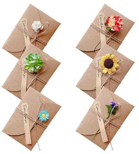 JEYORZY 6 Pièces Rétro Kraft Fait à La Main Cartes de Remerciement Carte de Voeux Enveloppes Vierges Fleurs Séchées Carte Postale pour Fête de mariage Saint Valentin anniversaire Fête des mères