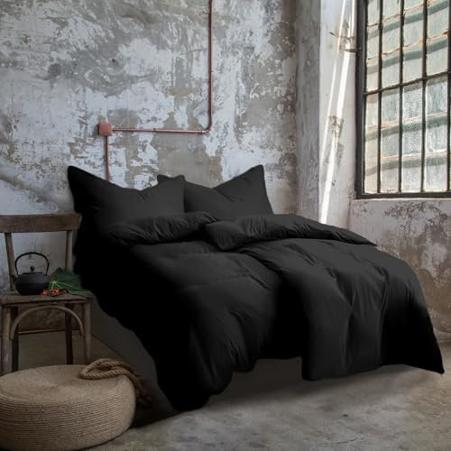 Komfortec Bettwäsche 135x200 4teilig Bettwäsche-Sets 2 Bettbezüge 135x200 cm + 2 Kissenbezüge 80x80 cm, Schwarz mit Reißverschluss