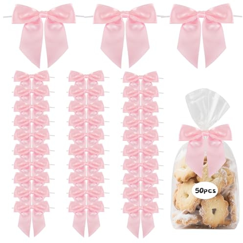 TONIFUL 50pcs Pink Satin Ribbon Bows with Twist Tie, 4.5 Inch Bows for Valentine's Day Gift Wrapping, Treat Bags, Crafts, Bottles, Christmas Tree, Wedding, Baby Shower, Birthday Party Decorations