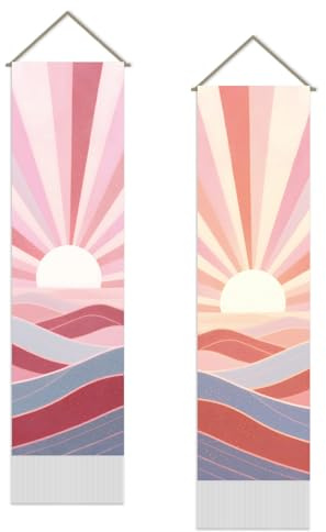 SUPERDANT Böhmischer Berg Wandteppich Berg Sonnenuntergang Wanddecke 2 Stück Wandbehang Boho Stil Langer Wandteppiche Mit Quaste Für Schlafzimmer Wohnzimmer Veranda Heimdekoration