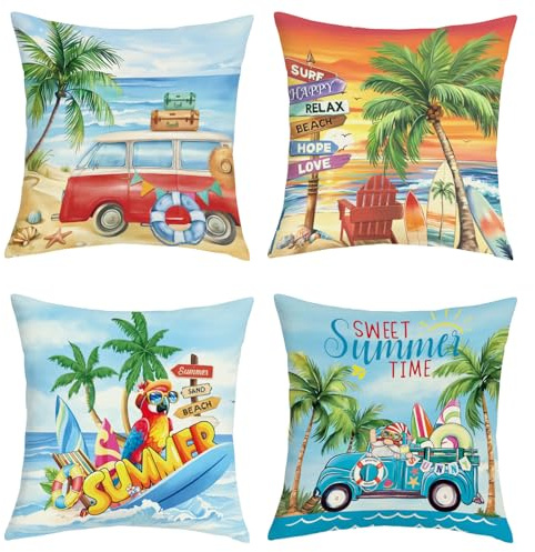 Joymaison 45x45 Pack of 4 Seaside Gnome Truck Throw Pillow Cushion Covers | Summer Beach Palm Tree Seaside Scenery Decorative Throw Pillow Case Home Decor for Couch Bedroom