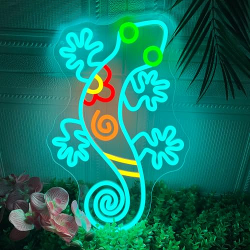 Gecko Neon Sign, Dimmable Geico Lizard Neon Light Sign for Wall Decor,Colorful Reptile Animal Led Light Up Signs for Garden Bedroom Fence Living Room Kids Birthday Party Presents Outdoor Decorations