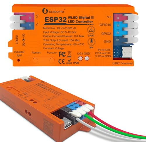 ESP32 WLED Controller LED Streifenbeleuchtung 15A Sicherung Mikrofon DIY UART USB-C Download für Adressierbare Digitale RGB Streifen WS2811 WS2812 SK6812 TM1814 WS2813 WS2815 (Orange)