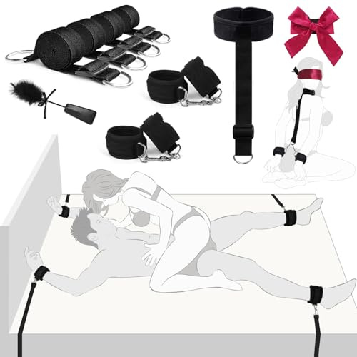BDSM Bondage-Set Sex Spielzeu für Paare, extrem Bettfessel Set mit Handschellen Fußfesseln Augenbinde Federkitzler, Verstellbare Bettfesseln Nacken-zu-Handgelenk Fesseln Erotik Fesselset für Anfänger
