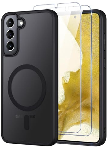 Oelrstfe Coque pour Samsung Galaxy S22 5G Compatible avec MagSafe avec 2 Verre Trempé, Magnétique Etui Translucide Mat Arrière Housse, Protection Ultra Fine Antichoc Case pour Samsung Galaxy S22, Noir