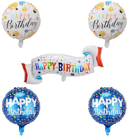 Cyberwork Happy Birthday Folienballons Set, 5-teilig, inkl. großem Happy-Birthday-Banner, 2 blaue & 2 weiße Folienballons, Partydekoration für Geburtstag, Raumdeko & Fotohintergrund (Dekoration)