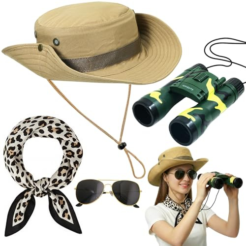 Generisch 4-teiliges Safari Kostüm,Mit Faltbare Sonnenhut, Sonnenbrille, fernglas safari, Halstuch, Safari Kleidung Damen,dschungel kostüm,Perfekt für Themenpartys, Fasching Karneval