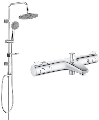 Belvit GROHE Grohtherm 800 Thermostat Wannenarmatur Set, Chrom Grau | TurboStat Temperaturkonstanz, Regendusche 20 x 20 cm, Handbrause 3 Strahlarten, Duschstange 85 cm, SafeStop 38° C