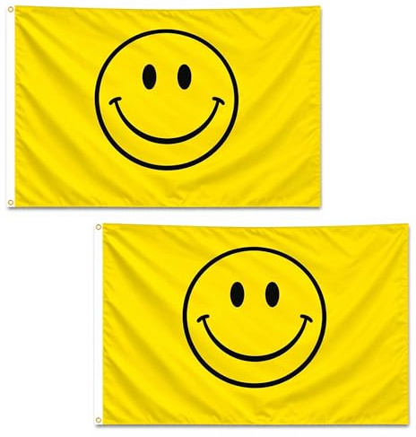 2 Stück Happy Face Smile Flagge 1,5 m x 0,9 m mit Messingösen, Polyester, Festival-Banner für Festivals, Schlafzimmer- und Gartendekoration