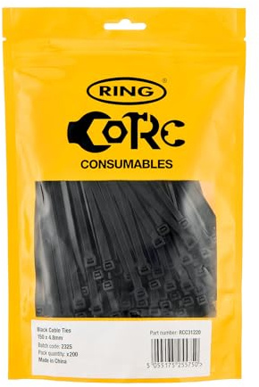 RING Black Cable Ties, 150 x 4.8 mm, (100-Pack) (Re-Sealable Pack) | Durable Construction, Versatile for Automotive & Home Use, Easy to Use, Compact & Portable