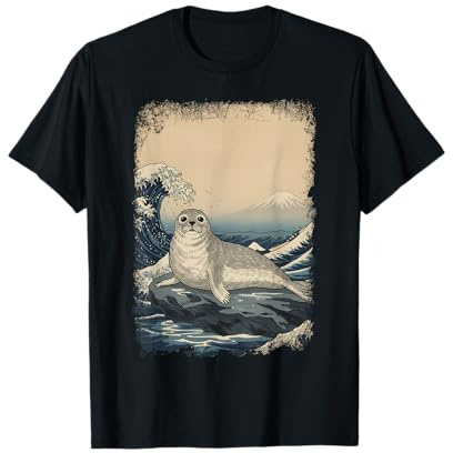 Kawaii Harbor Seal Ocean Waves Japanese Landscape T-Shirt