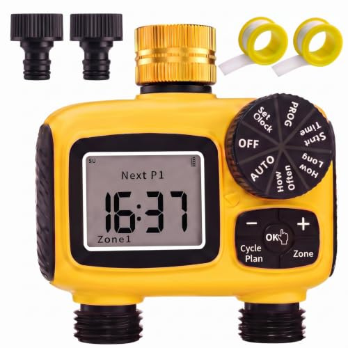 MQUPIN Bewässerungscomputer 2 Ausgänge, Messinganschlüsse | LCD Wasser Zeitschaltuhr IP55 mit Regenverzögerung, Kindersicherung für Garten, Rasen, Gemüsebeete