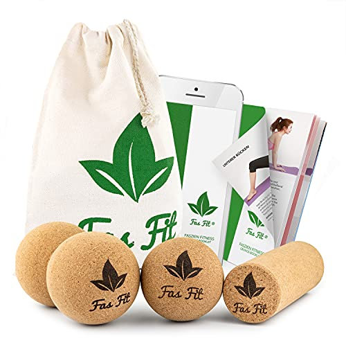 Fas Fit Faszienrolle Faszienball Set aus Kork– inkl. Poster, Übungsheft, E-Book und Aufbewahrungstasche – nachhaltig und umweltfreundlich! – Massageroller Fazienrolle für Wirbelsäule, Rücken, Pilates