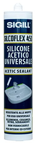 SIGILL, Silcoflex 450, Sigillante Siliconico Acetico Bianco, Ideato per Applicazioni su Vetro, Ceramica e Alluminio, Resistente a Muffe ed Agenti Atmosferici, non Verniciabile, 280 ml