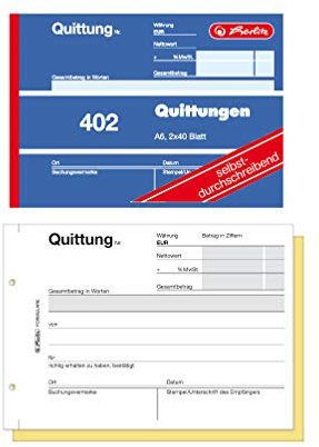 Herlitz Quittungsblock 402, selbstdurchschreibend, A6 quer, 2 x 40 Blatt (3er Pack)