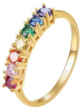E Jewelry 925 Sterling Silber Regenbogen Ringe für Frauen, Buntes Versprechen Verlobungs Silber 925 Damen Ring, Damen Ewigkeitsringe mit glänzendem Zirkonia 14 Karat vergoldet Regenbogenring