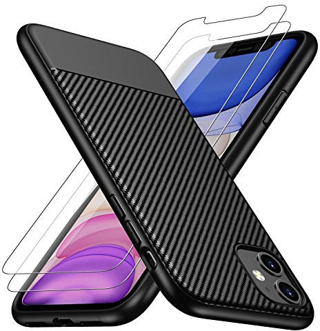 Losvick Coque iPhone 11 avec 2 Pack Verre Trempé Protection écran, Coque 11 Silicone Mate Ultra Fine TPU Souple Housse Carbon Antichoc Bumper Anti-Rayures Etui pour iPhone 11-6.1 Pouces - Noir