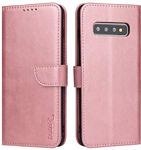 LOLFZ Wallet Case for Samsung Galaxy S10, Vintage Leather Book Case with Card Holder Kickstand Magnetic Closure Flip Case Cover for Samsung Galaxy S10 - Rose Gold