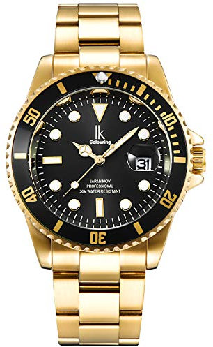 Alienwork Orologio Uomo Donna Oro Bracciale in Acciaio Calendario Data Nero Elegante
