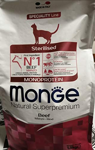 Monge Natural Superpremium Monoprotein* STERILISED Beef, Nassfutter für Katzen (Nassfutter aus Rind, reich an Ballaststoffen, ohne Farb- und Konservierungsstoffe, Katzenfutter, 1,5 kg)