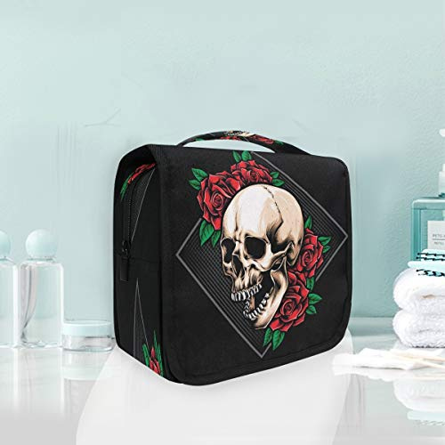 Wut Schädel Rote Rosen Kulturbeutel Hängend Faltbar Mädchen Kulturtasche Toilettentasche Toiletttasche Makeup Tasche Kosmetiktasche für Frauen Mädchen Damen