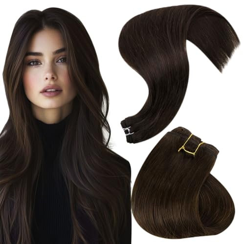Hetto Tressen Extensions Echthaar 100g 55 cm Weft Extensions Echthaar Dunkelstes Braun Sew in Remy Gerade Invisible Doppelt-Tressen Weave Haarverlängerung #2