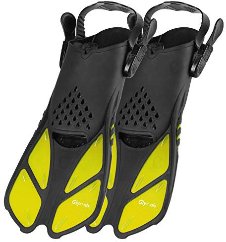 Glymnis Schnorchelflossen Verstellbare Flossen Schwimmflossen für Erwachsene und Kinder Kurze Tauchflossen zum Tauchen Schwimmen Schnorcheln (Schwarz/Gelb, S/M)