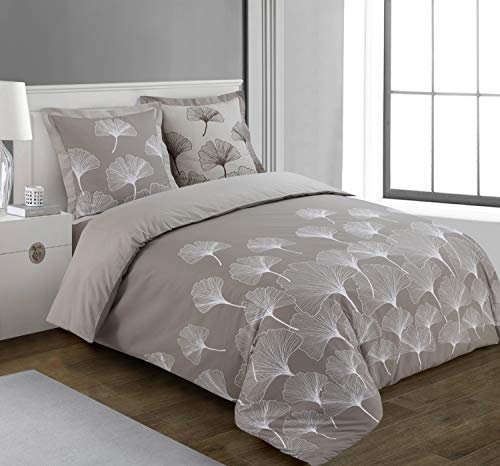 Vision - Parure de lit Réversible 100% Coton - Ginko Beige - Set de Housse de Couette 200x200 cm avec 2 taies d'oreiller pour lit 2 Personnes - Fibres Naturelles - Oekotex