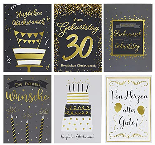 6er Geburtstagskarten-Set mit Umschlägen Inklusive 1 Karte zum 30. Geburtstag, 5 Geburtstagskarten, Goldfolie, DIN A5