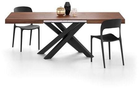 MOBILI FIVER, Ausziehbarer Esstisch Emma 140(220) x90 cm, Nussbaum Canaletto mit Schwarzen gekreuzten Beinen, Made In Italy