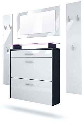 Vladon Garderobe Malea, Garderobenset bestehend aus 1 Hängeschuhschrank, 1 Wandspiegel und 2 Garderobenpaneele, Anthrazit matt/Weiß Hochglanz, inkl. LED-Beleuchtung RGB