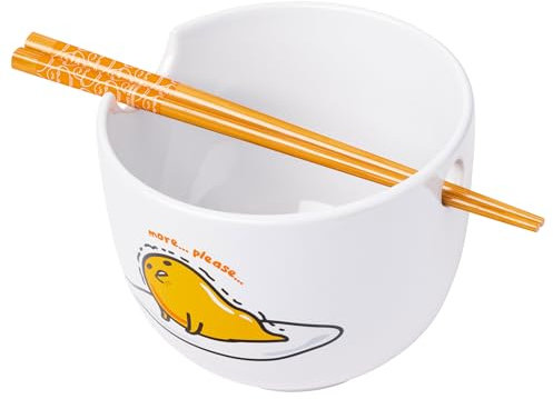 Silver Buffalo Sanrio Gudetama Nissin Top Ramen Ceramic Ramen Bowl with Chopsticks, 20oz