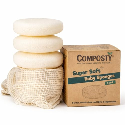 Composty | Natural Baby Sponges | 3 Pack | Soft Bath Sponge for Newborn Babies | Gentle, Sustainable & Reusable Konjac Sponge | Non-Toxic & Plastic Free | One Tree Planted for Each Pack Sold