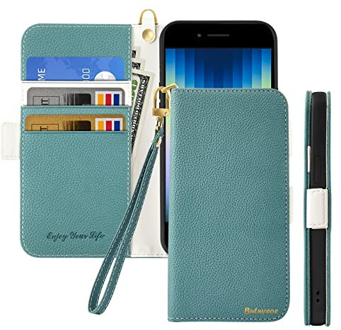 Butnyeoe Handyhülle für iPhone 6 Plus/iPhone 6s Plus Klappbar Hülle,Litschi Textur Leder Wallet Schutzhülle Tasche Flip Cover Case,Magnetic Closure Klapphülle mit Kartenfach Standfunktion,Blau Grün