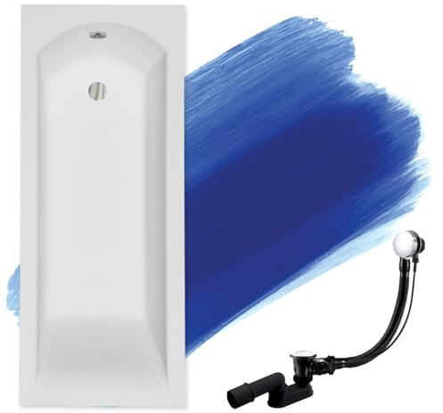 BADLAND Badewanne Original Weiß Acryl Wanne Rechteck SHEA 150x70 KOMPLETTSET SET + Füßen und Exklusive Chrom Automatik Ablaufgarnitur Made in EU 3in1