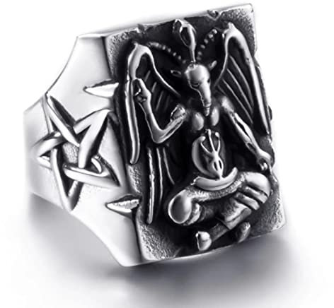 XJruixi Gothic Stainless Steel Satanic Ring Seal of Satan Pentagram Sigil Statement Rings for Men Women Fashion Punk Biker Jewelry