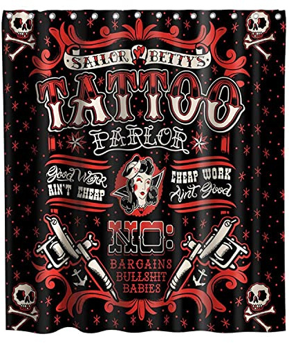 MEKPAM Vintage Punk Stil Tattoo Piraten Seemann Totenkopf Lustiges Thema Stoff Tattoo Duschvorhang Duschvorhänge 180x180cm