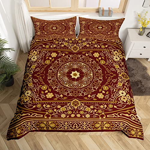 Homewish Retro Floral Duvet Cover King Tribal Exotic Bedding Set Boho Antique Fashion Retro Red Yellow Comforter Cover Vintage Bohemian Bedroom Decor Fashion Quilt Cover For Women Men