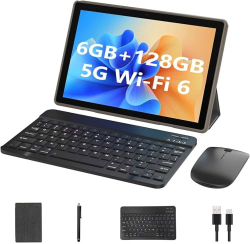 2 in 1 Tablets with Keyboard, 10 inch Android Tablet, 6GB RAM+128GB ROM+1TB Expandable Tablet, 2.0GHz Quad-core Processor, 5G WiFi 6 BT 5.0 Tablets with Mouse| Case| Stylus, 1280*800 IPS Touchscreen