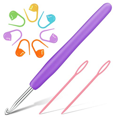 cobee Häkelnadel Set, 5,0 mm Häkelnadel mit Maschenmarkierern und stumpfen Nadeln mit großem Öhr ergonomische Häkelgriffe mit weichem Griff Aluminium Strickhäkelnadel Häkelzubehör
